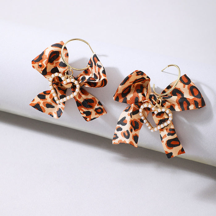 Pendientes de lazo con estampado de leopardo, pendientes de perlas versátiles