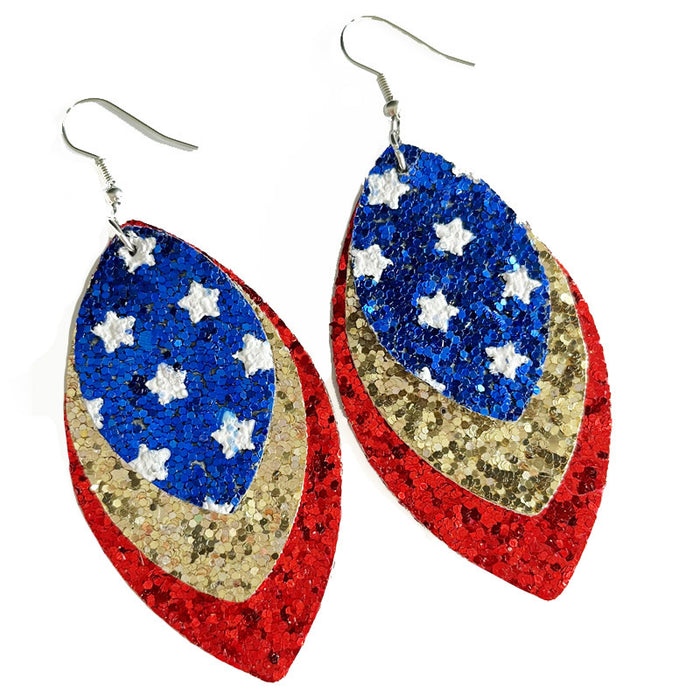 Independence Day Feather Leather Earrings with American Flag and Metal Mesh Design