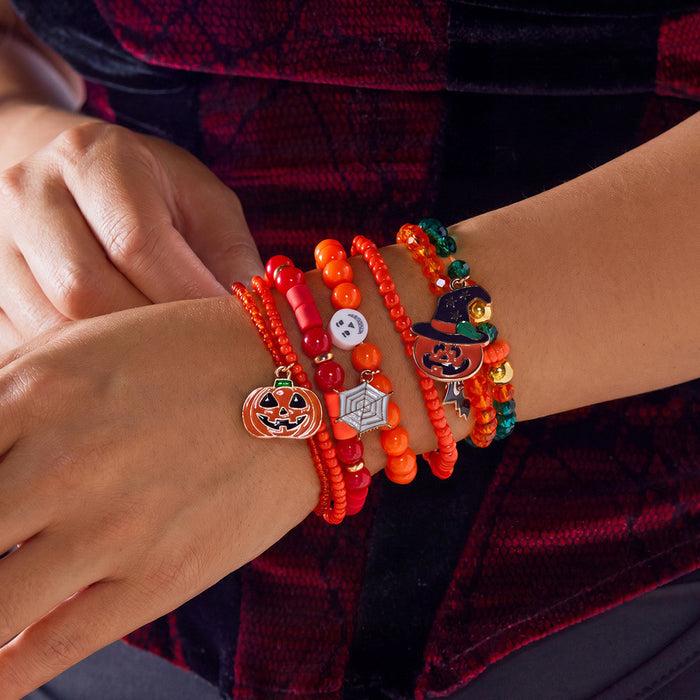 Wholesale Halloween Stackable Polymer Clay Bracelet Sets - Spooky Pumpkin, Ghost & Skull Spelled Beaded Stretch Bracelets