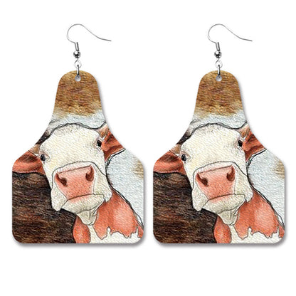 Farm Animal PU Leather Earrings with Cow Tag Design