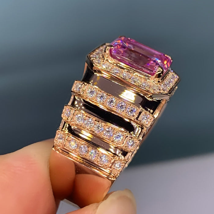 Anillo de bodas de cuarzo rosa con diamantes cuadrados y circonitas coloreadas Anillo de compromiso