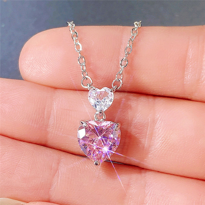 Korean double heart pink diamond women's necklace, cute peach heart zircon small pendant