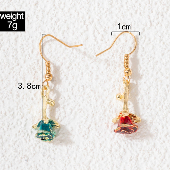 Colored oil drop rose ear hook geometric three-dimensional flower earrings