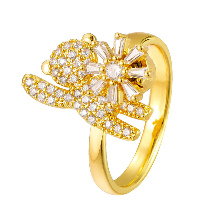 Wholesale diamond-encrusted teddy bear rotating flower rings