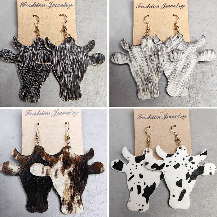 Simple Cow Print Leather Earrings with Bullhead Design