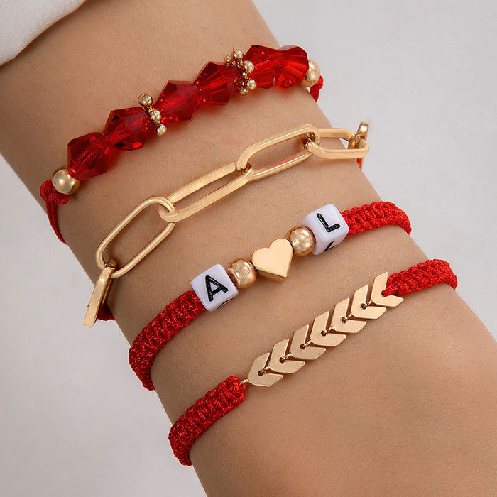 Heart Leaf Bracelet Set - Red String Four-Piece Women’s Jewelry