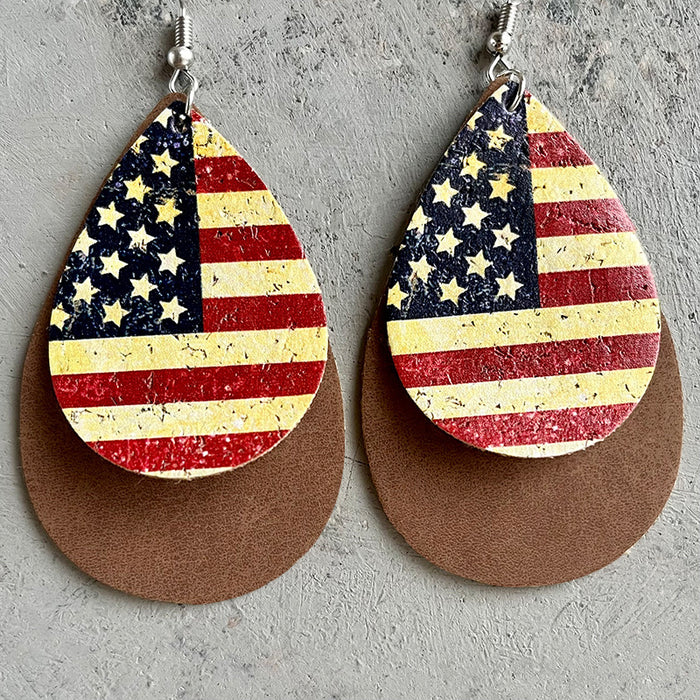 Western Cowboy Leopard Print and American Flag Double Layer Teardrop Earrings