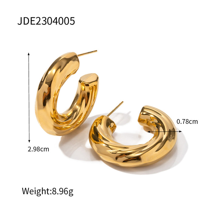 New Geometric Titanium Steel Earrings - 18K Gold Plated Stainless Steel Slanted Ribbed C-Shaped Earrings