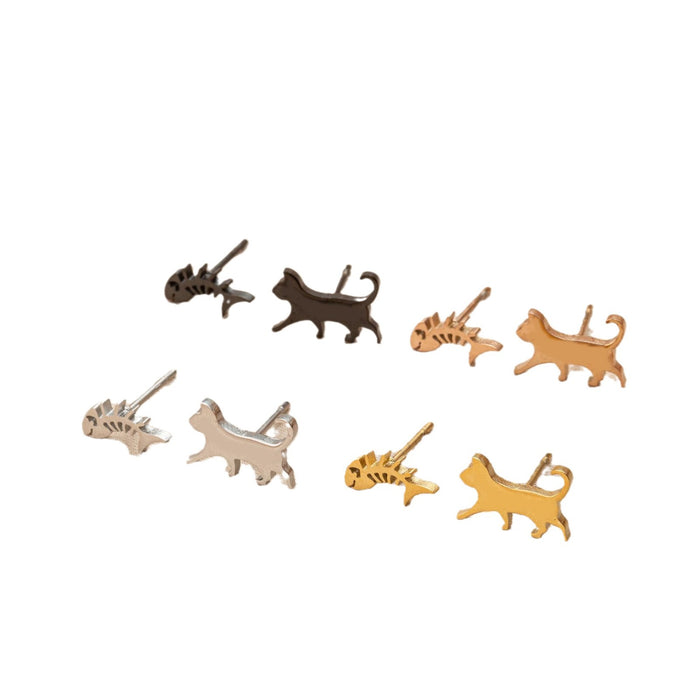 Cat and Fishbone Asymmetric Stud Earrings - Cute and Playful Animal Jewelry