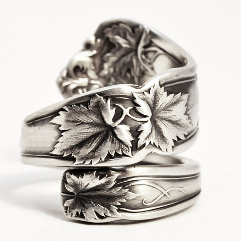Anillo retro abierto de hoja de arce, estilo antiguo, anillo femenino simple