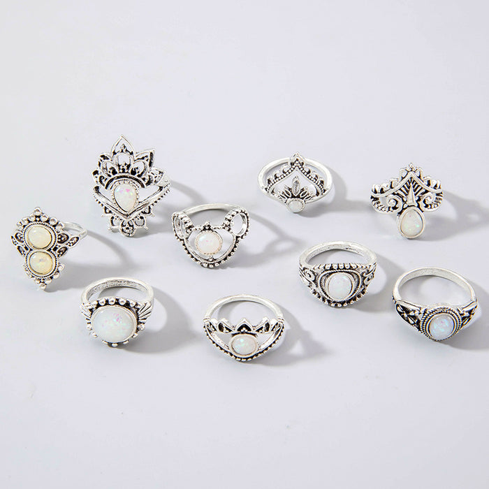 Retro Opal Ring Set - Creative Geometric Oval Knuckle Nine-Piece Set