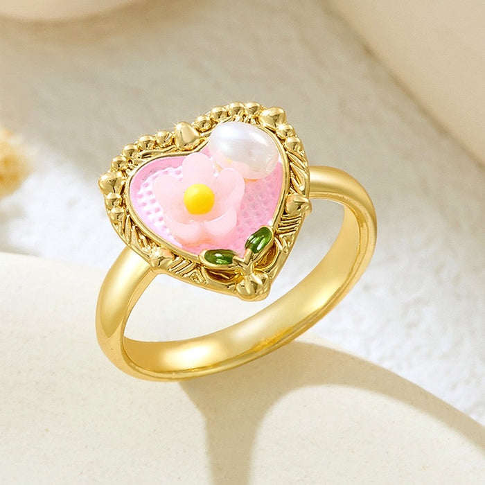 Wholesale copper micro-inlaid enamel painted flower heart-shaped open ring