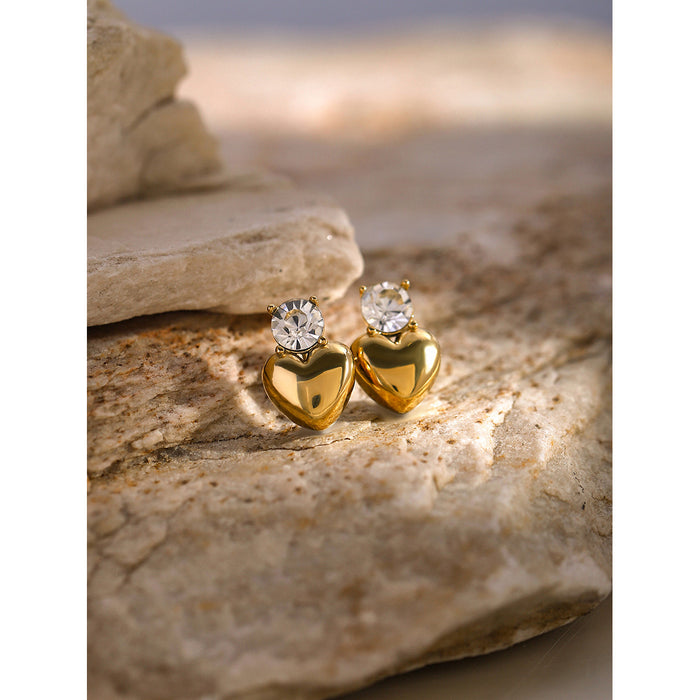 2024 Summer New 18K Gold Stainless Steel Diamond Stud Earrings - Simple Heart Design