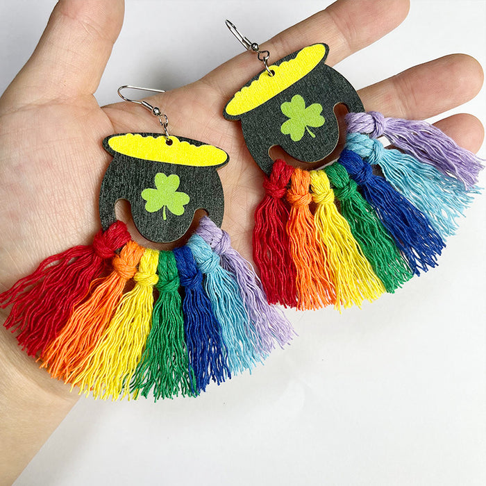 St. Patrick's Day Tassel Earrings with Rainbow and Clover Design