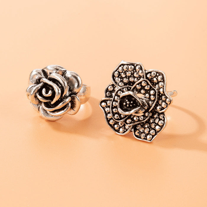 Vintage rose ring two-piece alloy three-dimensional flower combination