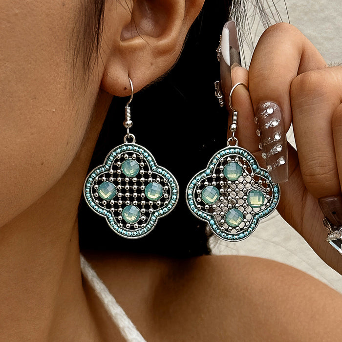 Retro ethnic style diamond tassel earrings fashionable carved geometric hollow earrings