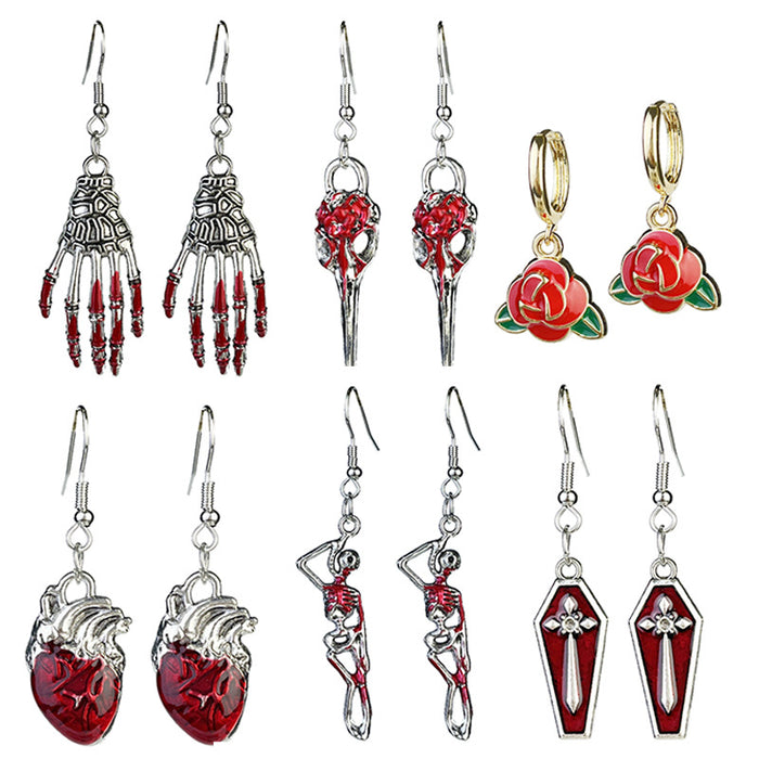 Halloween Skull and Blood Stain Earrings with Skeleton, Heart, and Bird Designs