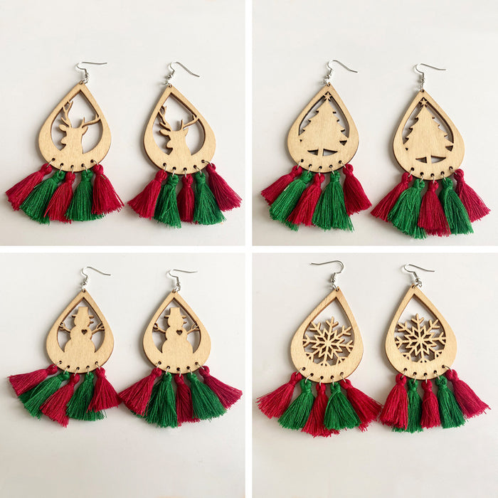 Christmas Wooden Tassel Earrings with Christmas Tree, Snowman, and Reindeer Cutouts