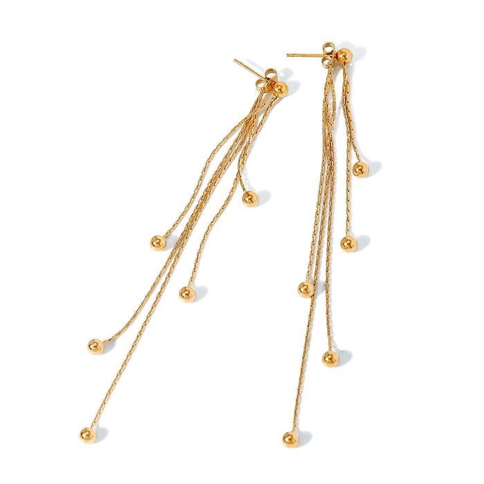 New Summer 18K Gold Stainless Steel Tassel Earrings - High-End Round Bead Pendant Jewelry