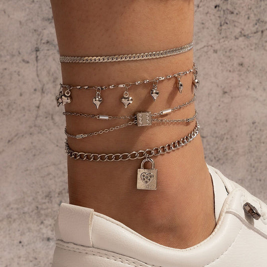 Lock and Dice Four-Layer Anklet with Geometric Heart Multi-Layer Chain