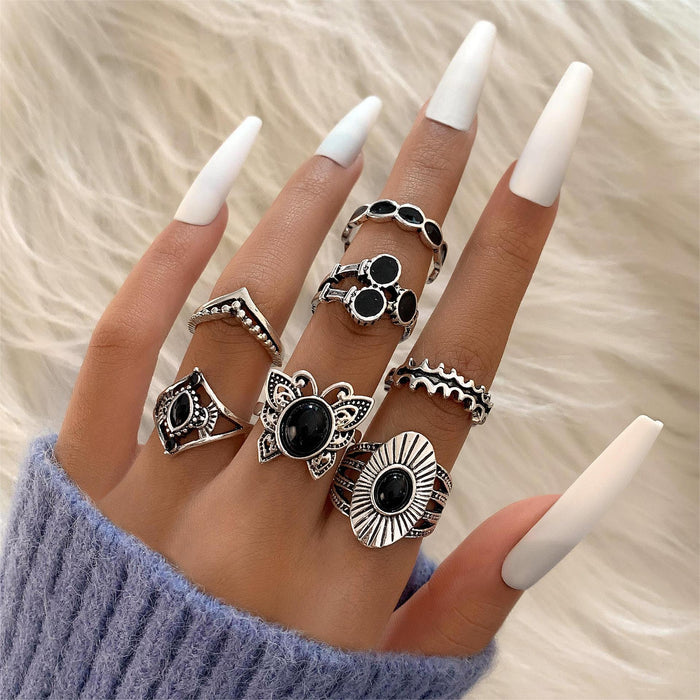 Bohemian Flower Ring Set - 11-Piece Vintage Black Gemstone Rings