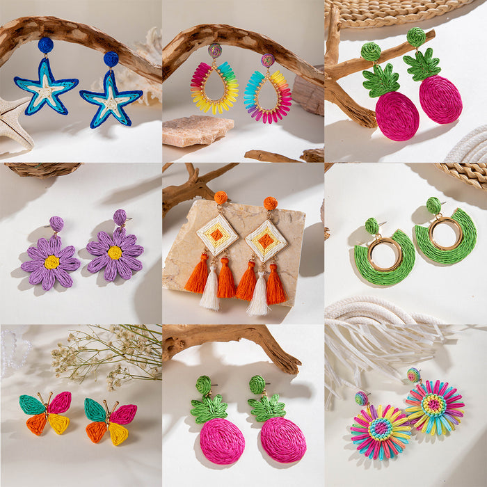 Bohemian woven raffia large flower earrings colorful pineapple holiday style earrings