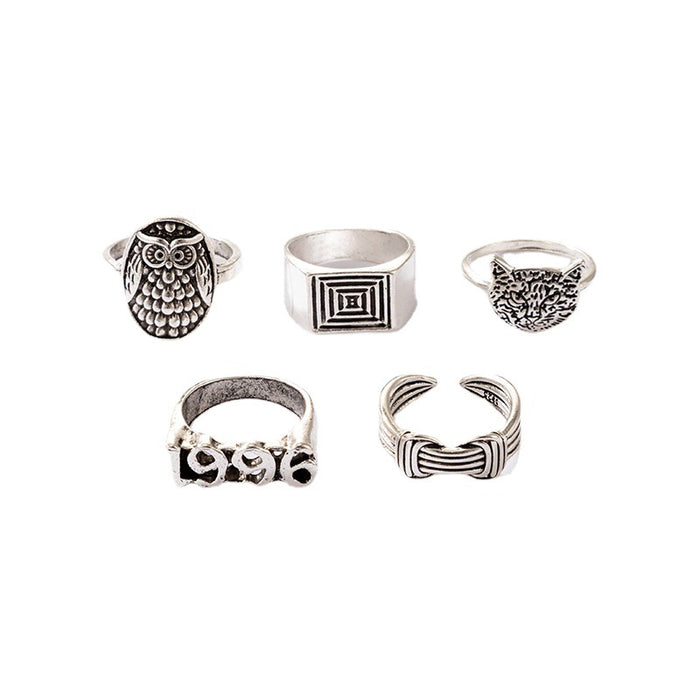 Retro Animal Hip Hop Number Ring 5-Piece Set