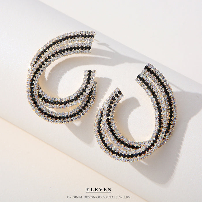 Luxury C-Shaped Zircon Earrings - Elegant Black and White Studs for Women