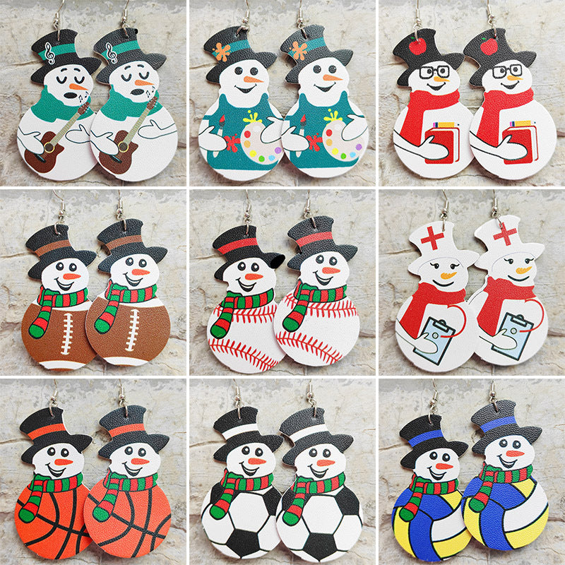 Christmas Snowman Leather Earrings with Sports Ball Design