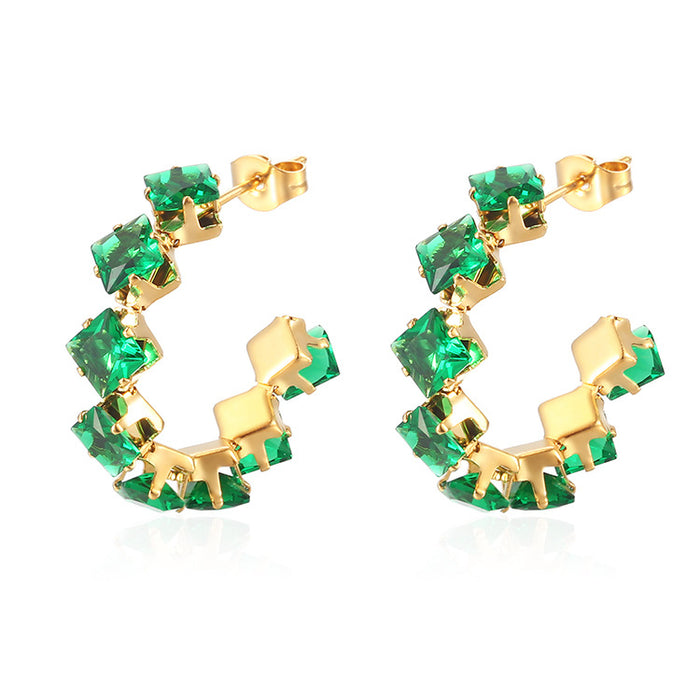 Zircon earrings simple square claw titanium steel stainless steel earrings