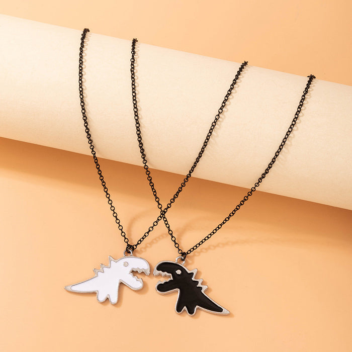 Black and White Dinosaur Couple Necklace with Irregular Animal Double Layer Design