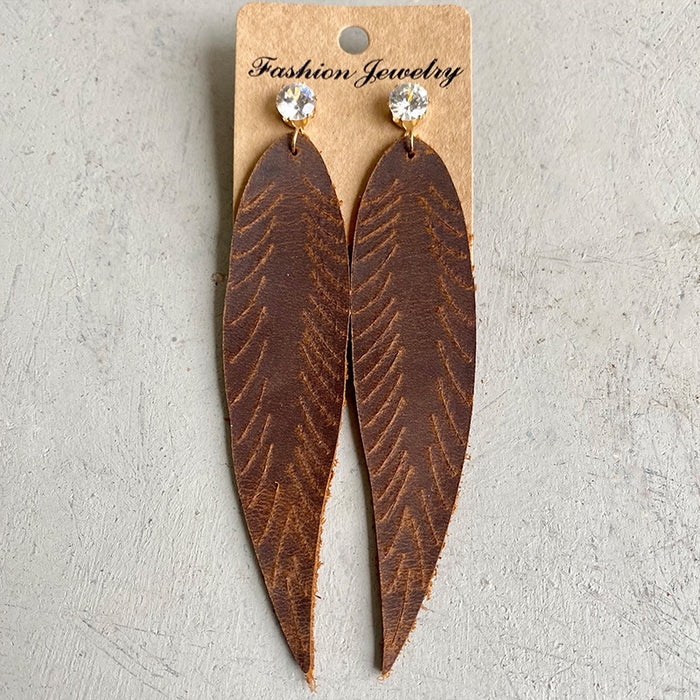 Crazy Horse Leather Earrings with Zircon Leaf and Western Feather Design