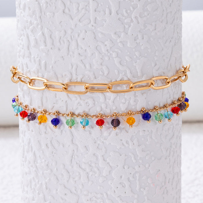 Colorful Double-Layer Beaded Anklet with Geometric Bead Chain Design