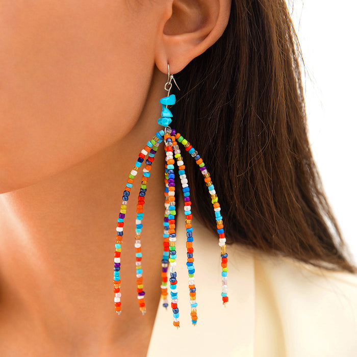 Bohemian Beaded Tassel Earrings Blue Gravel Design Earrings