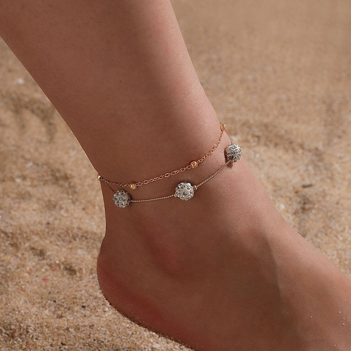 White Beaded Anklet with Alloy Round Beads and Geometric Chain Design