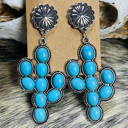 Ethnic Turquoise Cactus Earrings with Vintage Alloy Western Cowboy Design