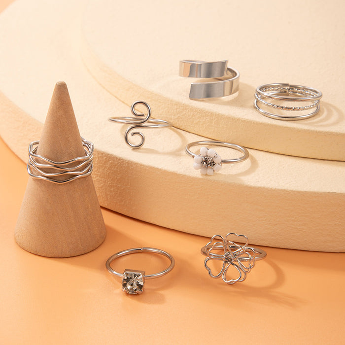 Hollow Flower Ring Set - 7-Piece Gemstone Geometric Rings for Women