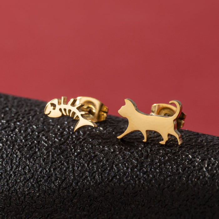 Cat and Fishbone Asymmetric Stud Earrings - Cute and Playful Animal Jewelry