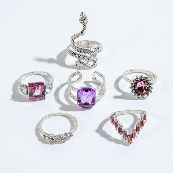 Purple Luxe Snake-Inspired Faux Gemstone Diamond Ring Set – Elegant Geometric Open Rings, 6-Piece Collection