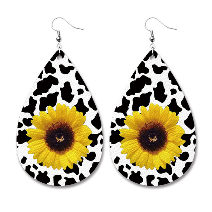 PU Leather Teardrop Earrings with Buffalo Plaid and Sunflower Print