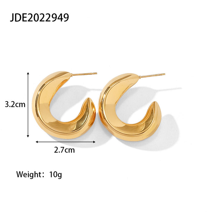 French Style Titanium Steel Earrings - Fashionable 18K Gold Plated Hollow Wave C-Shaped Earrings for Women