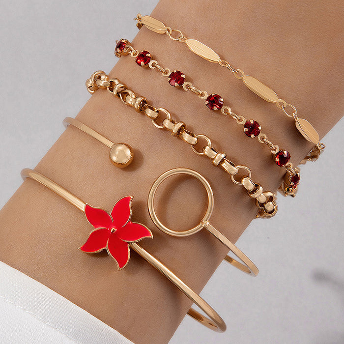 Conjunto de pulseras con círculos geométricos y flores: cuatro piezas de joyería con diamantes de imitación para mujer