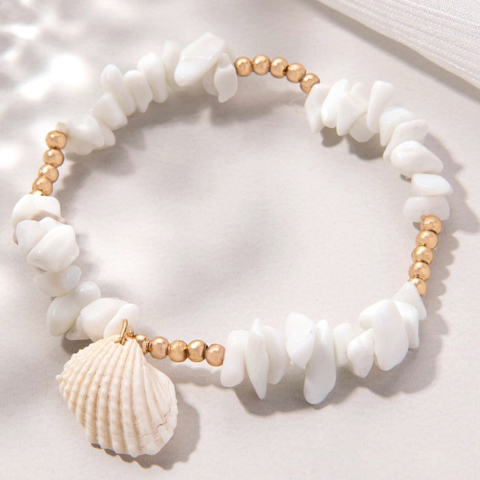 White Stone Shell Beaded Anklet Set - Boho Beach Style Foot Jewelry