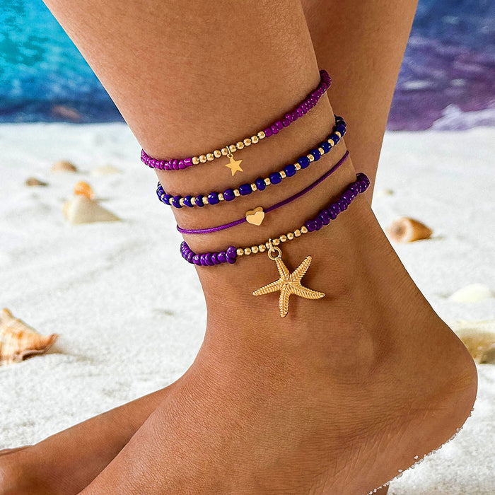 Juego de tobilleras con estrellas de mar y corazón de estilo bohemio - Pulseras de tobillo con hilo de cuentas Beach Vibes