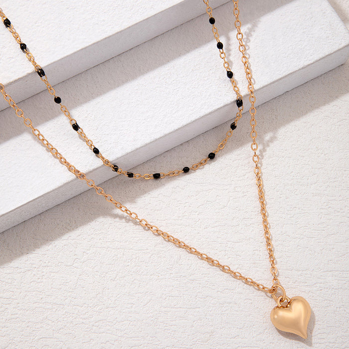 Double-Layer Heart Pendant Necklace - Black Bead Fashion Chain for Women