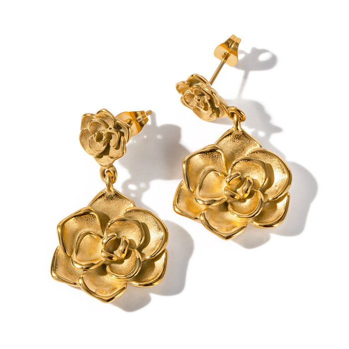 18K Gold Plated Stainless Steel Rose Flower Drop Earrings - Tarnish-Resistant Fashion Jewelry