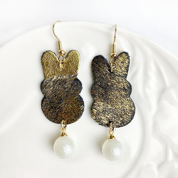 Easter Bunny Earrings with Faux Pearl Pendant, Leopard Print, and Gold Dots on Cowhide Leather