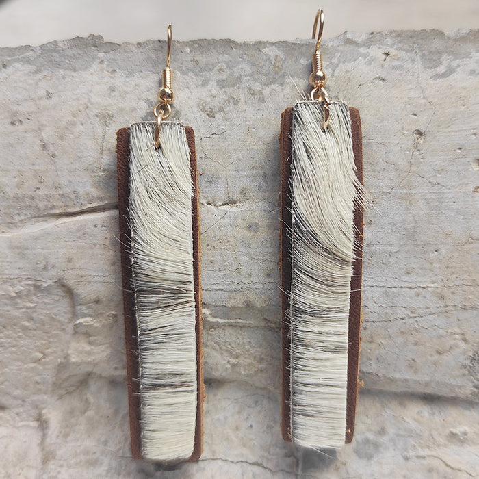 Double Layer Marquise Leather Earrings with Textured Long Hair Design