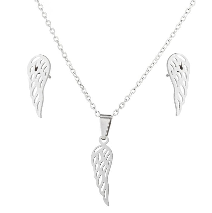 Angel Wings Feather Pendant Necklace Earrings Two-piece Set, Stainless Steel Simple Jewelry Wholesale