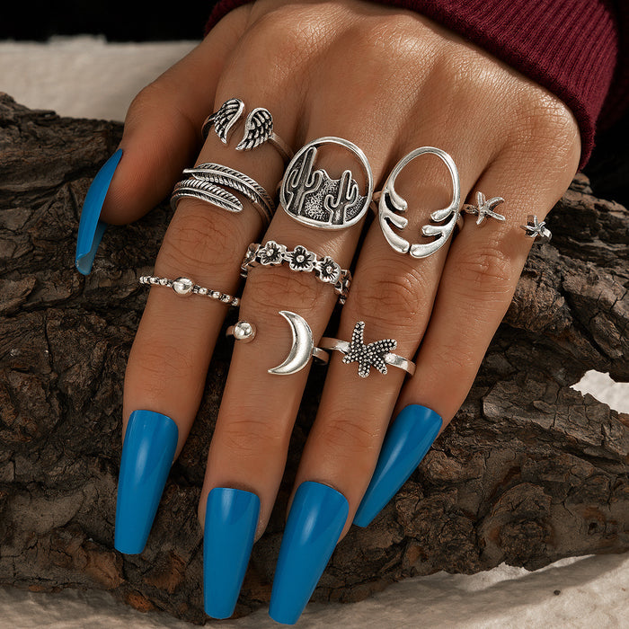 Vintage Cactus Flower Starfish Moon Wings Ring 9-Piece Set